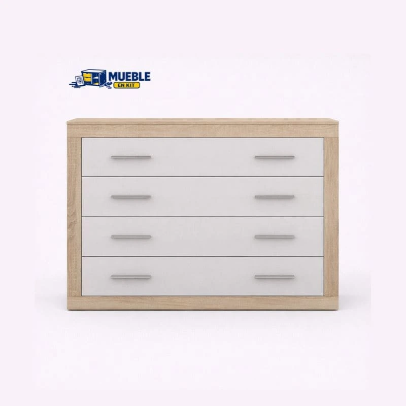 Cómoda Lara con estructura en madera natural y cuatro cajones blancos