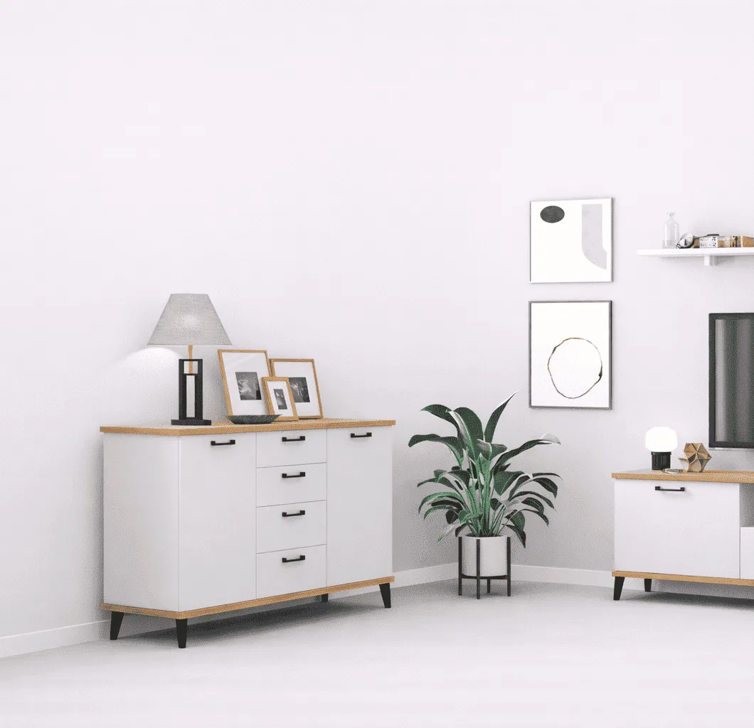 Aparador Paris/Canarias blanco con cajones, puerta y encimera en madera