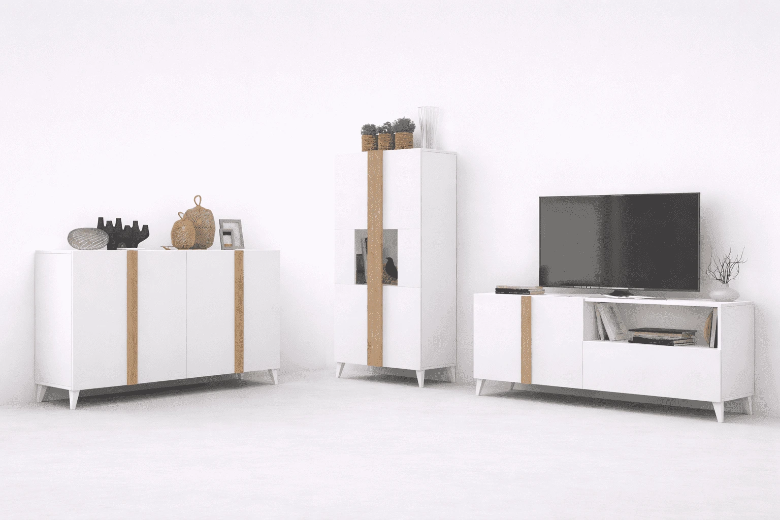 Mueble de salón Lisboa completo en blanco y madera: aparador, bodeguero y bajo TV