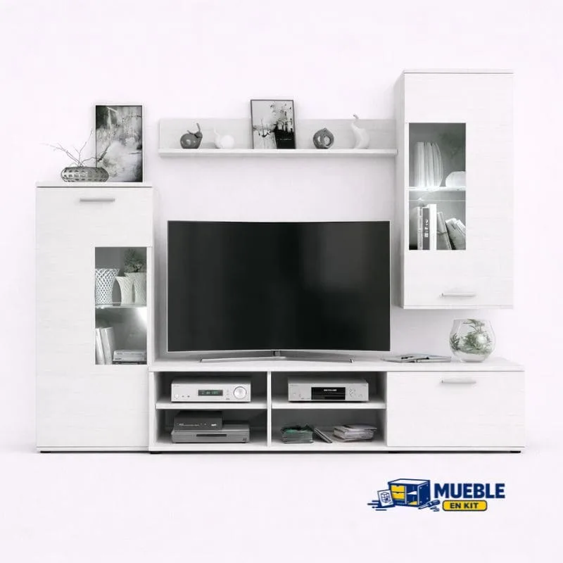 Composición Salón Única Leds Antígona Andersen en blanco con vitrinas, estante y mueble TV