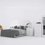 Dormitorio de matrimonio Gotland en blanco con cabecero, mesita, sinfonier y espejo de pie