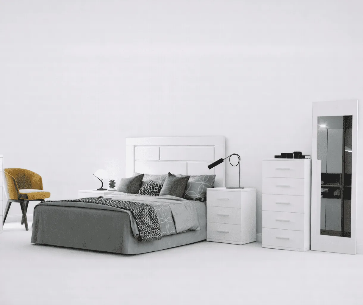Dormitorio de matrimonio Gotland en blanco con cabecero, mesita, sinfonier y espejo de pie