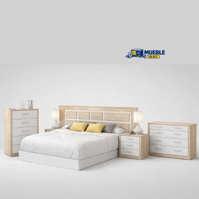Cabecero + 2 mesitas Lara en dormitorio con cama, sinfonier y cómoda a juego