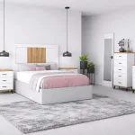 Dormitorio Grecia completo con cama, mesitas, sinfonier, cómoda y espejo sobre alfombra gris