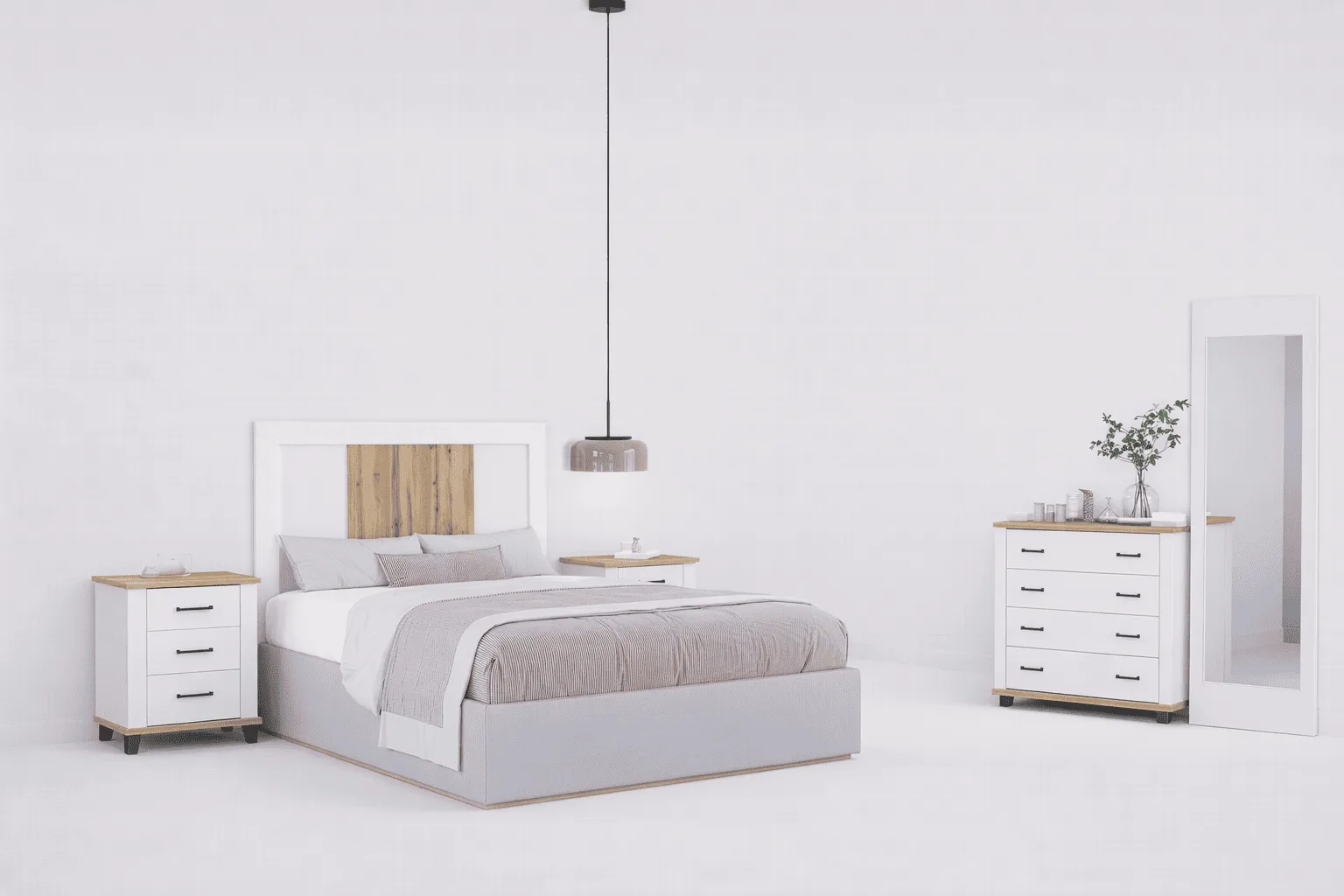 Dormitorio de matrimonio Grecia blanco con cabecero de detalle en madera y mesitas de noche