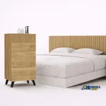 Dormitorio Solana con cabecero de listones de madera, cama y sinfonier con patas negras
