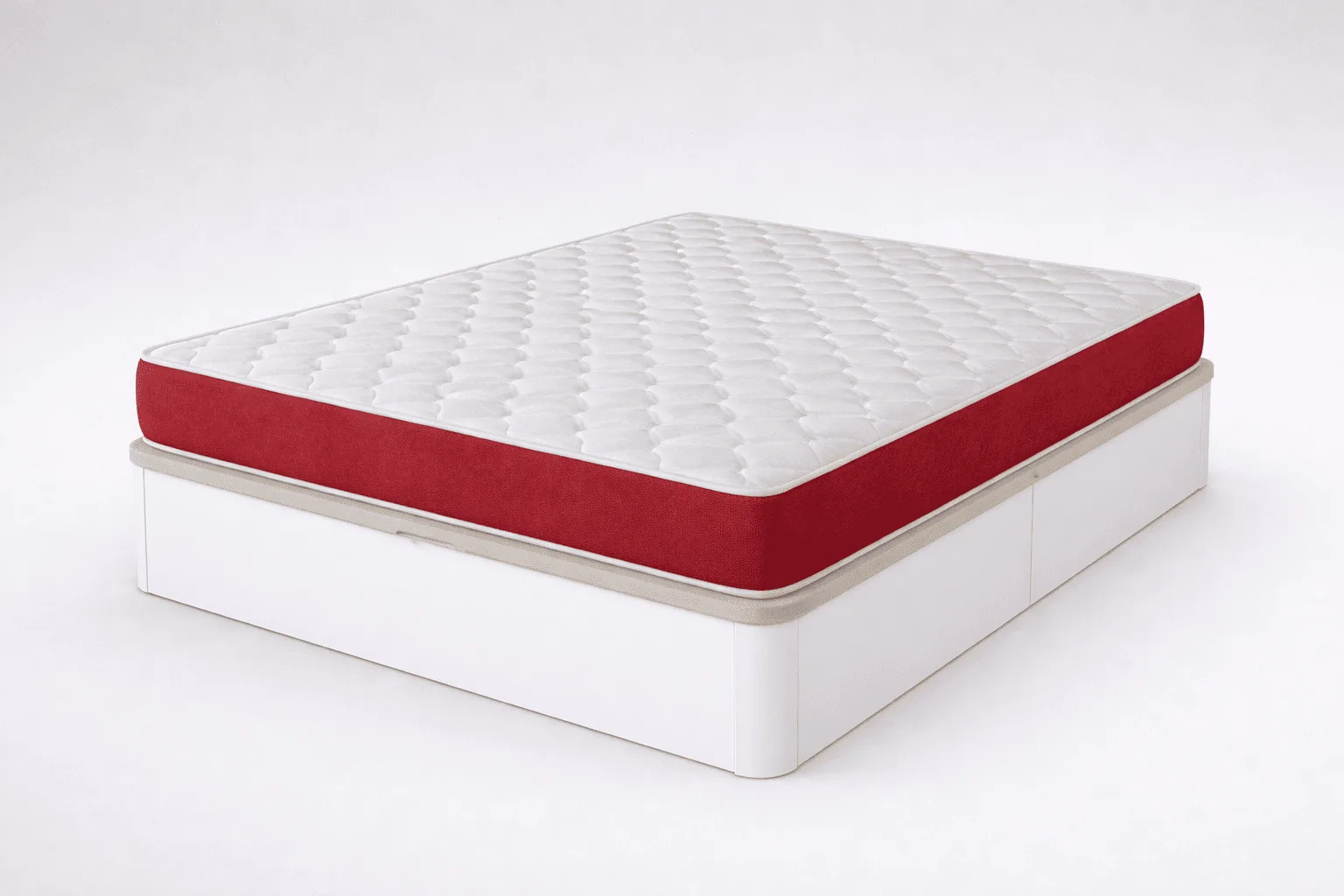 Pack Eco21 HR + canapé Low: colchón con lateral rojo sobre canapé blanco