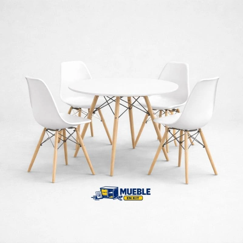 Pack comedor redonda + 4 sillas Dinamarca blanco con patas de madera natural