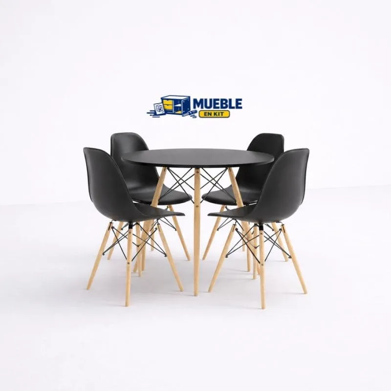 Pack comedor redonda + 4 sillas Dinamarca negro con patas de madera natural