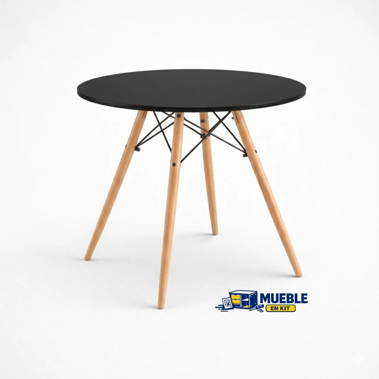 Mesa Dinamarca redonda negro con tablero negro y patas de madera natural