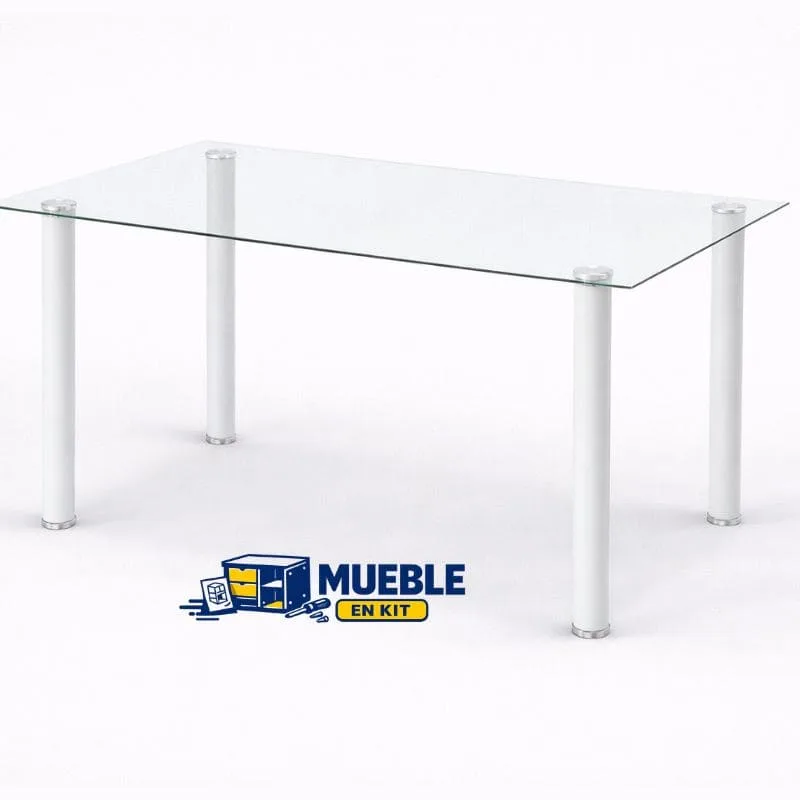 Mesa de comedor Yuri con tablero de cristal templado y patas blancas