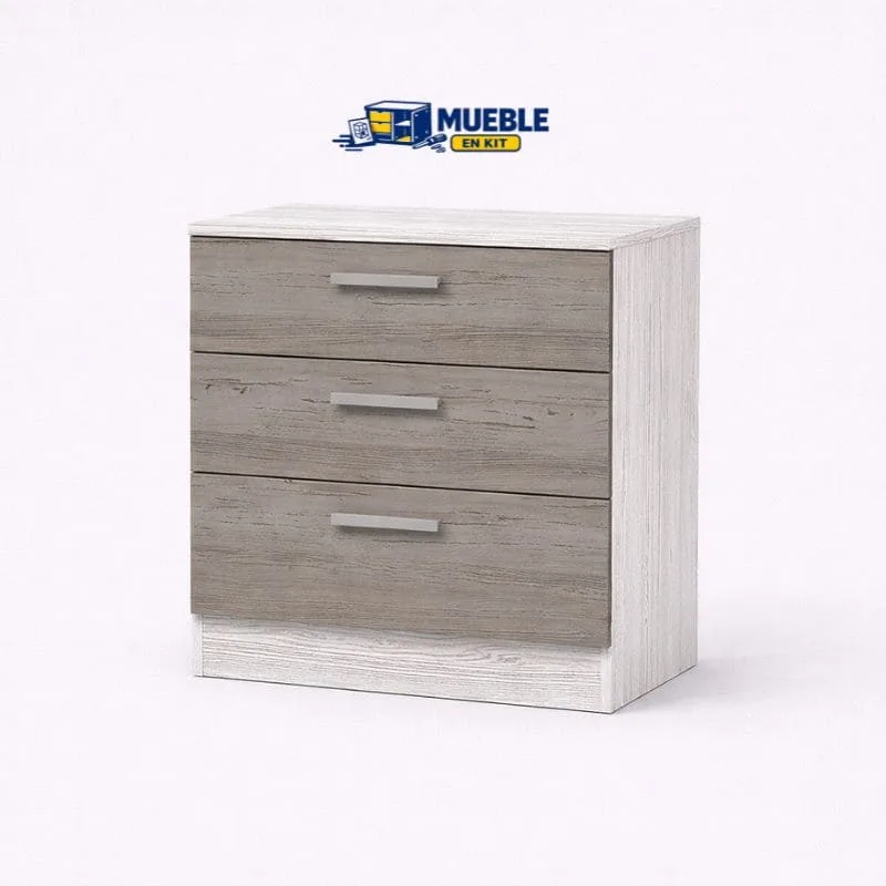 Mesita de noche Monika de tres cajones en madera gris con estructura blanca