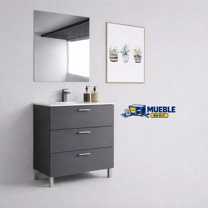 Mueble de baño 80cm gris antracita con tres cajones, lavabo blanco, patas metálicas y espejo