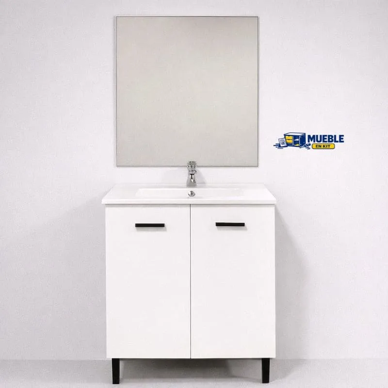 Mueble de baño Luque blanco de dos puertas con lavabo, grifo, espejo y patas negras