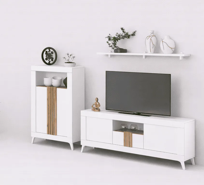 Bajo TV Oslo y bodeguero Oslo en blanco con detalle de madera y patas inclinadas