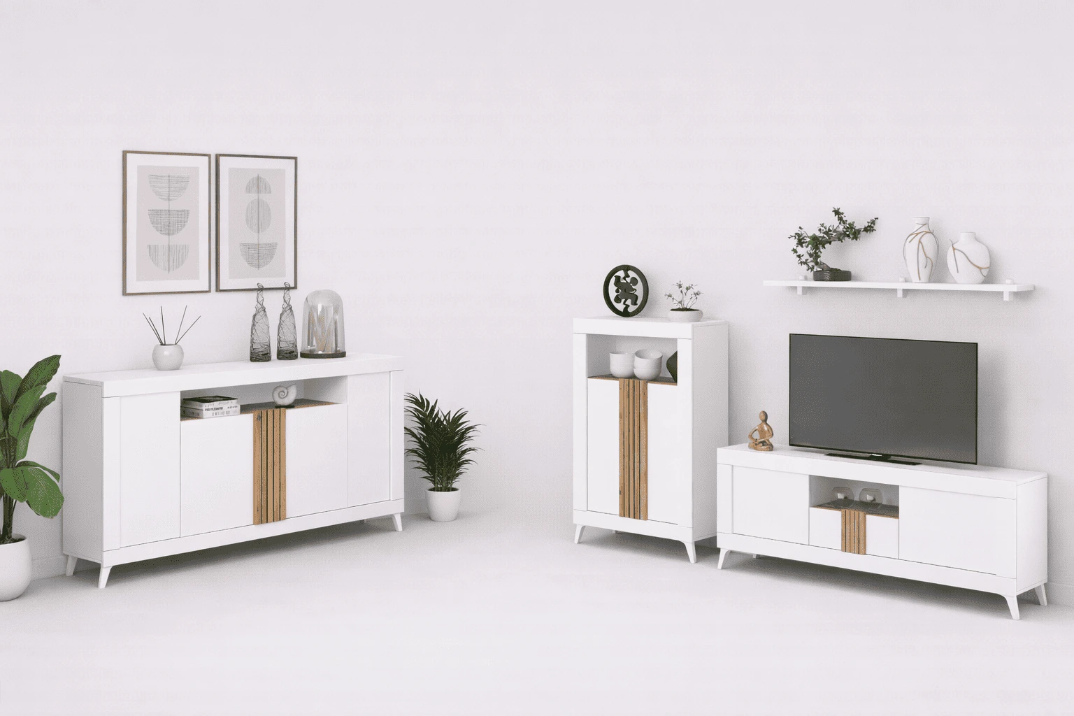Mueble de salón Oslo completo en blanco y madera: aparador, bodeguero y bajo TV