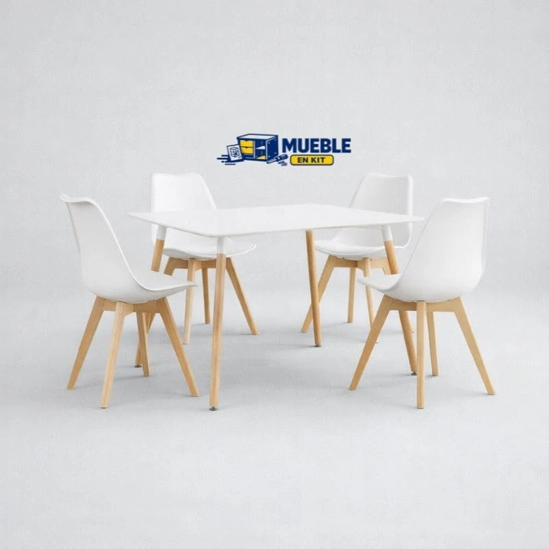 Pack comedor Dinamarca: mesa blanca con patas de madera y 4 sillas Fina blancas