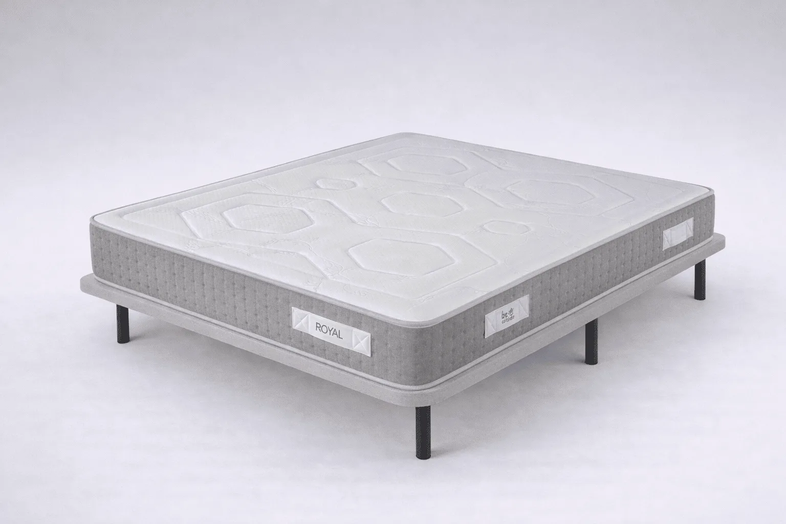 Pack Be Royal + base tapizada Low: colchón gris sobre base tapizada con patas