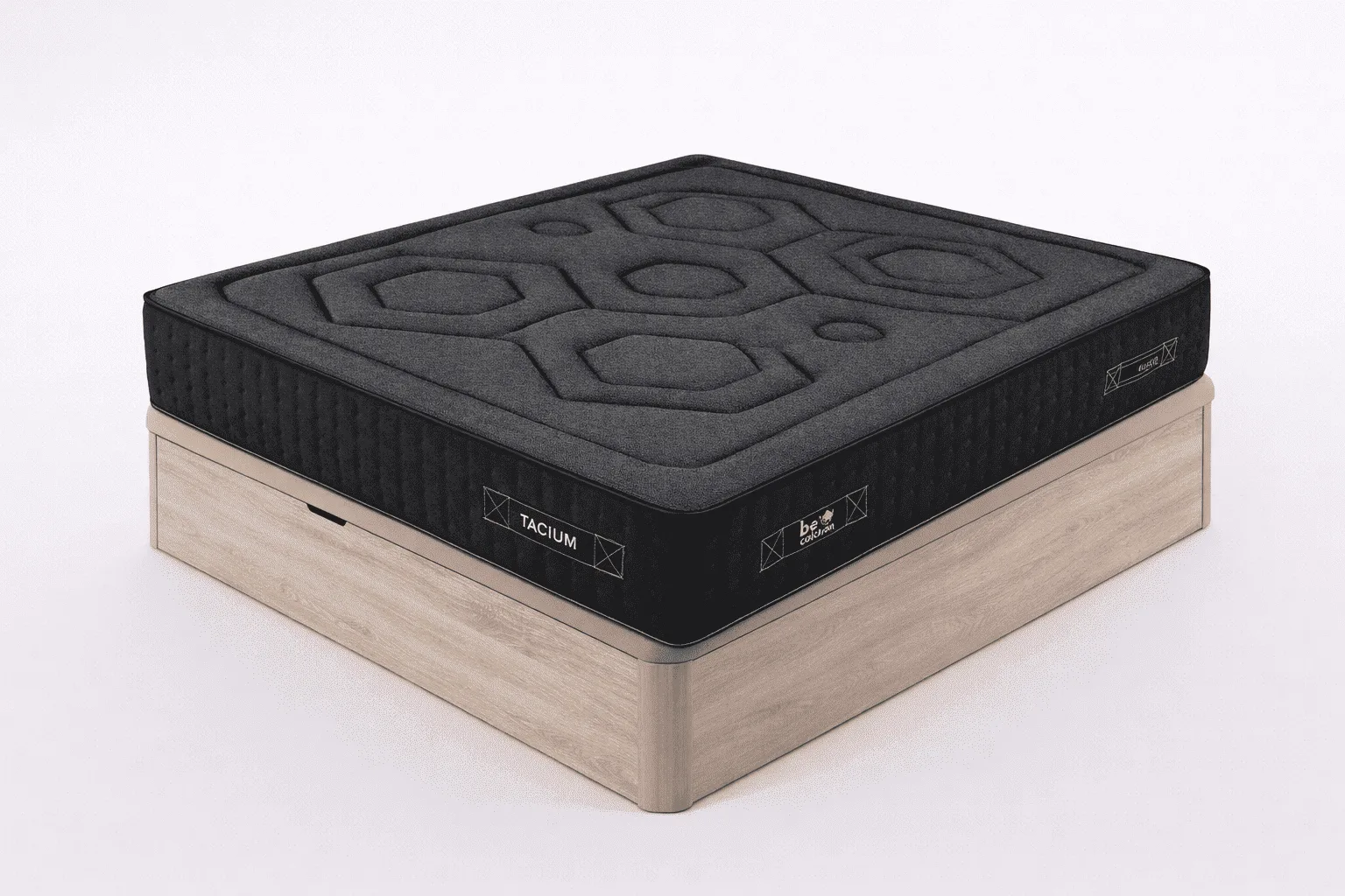 Pack Be Tactum + canapé Factory: colchón negro sobre canapé abatible acabado madera