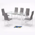 Pack comedor y 6 sillas Yuri: mesa de cristal y seis sillas grises tapizadas