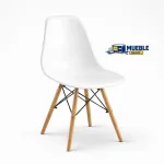 Silla Dinamarca blanco con asiento de polipropileno y patas de madera con varillas metálicas