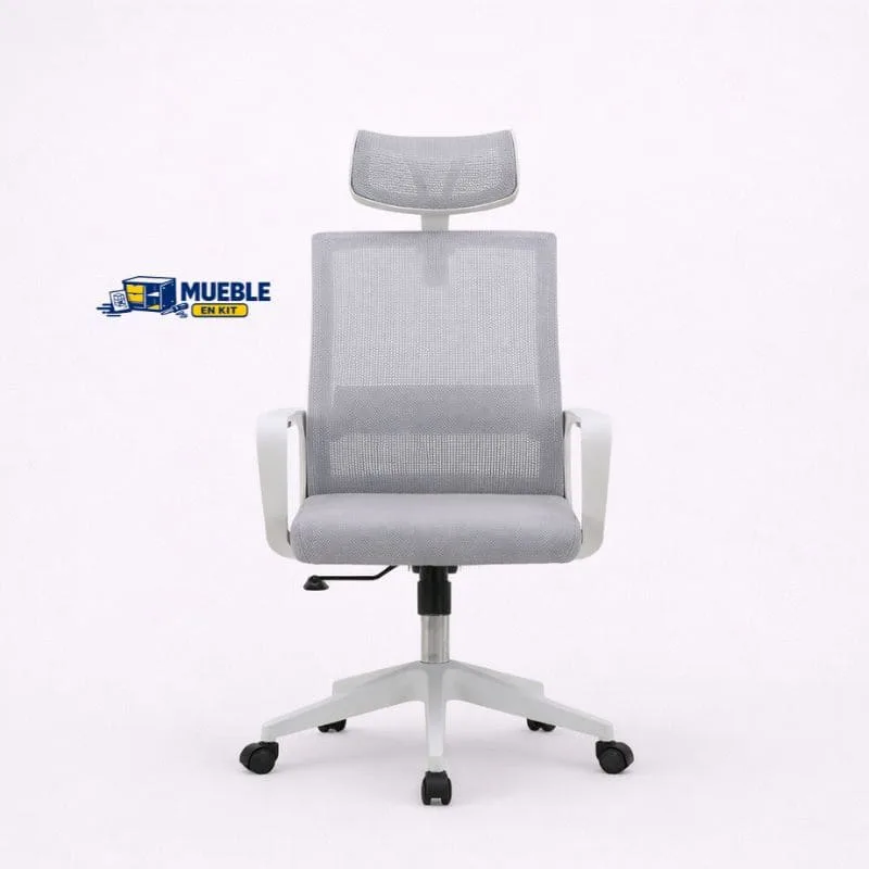Silla de oficina 2223 blanco/gris con respaldo de malla, reposacabezas y base blanca con ruedas