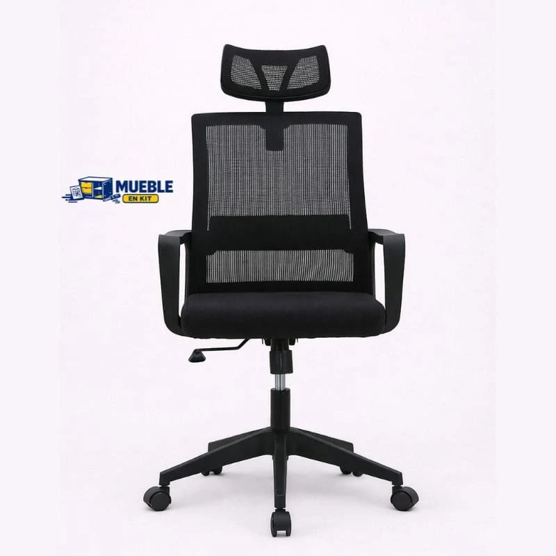 Silla de oficina 2223 negra con respaldo de malla, reposacabezas, brazos y base con ruedas