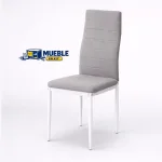 Silla Yuri tapizada en gris con respaldo alto y patas metálicas blancas
