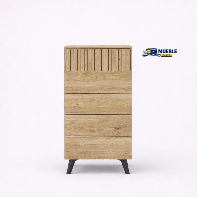 Sinfonier Solana en madera natural con cinco cajones, el superior con listones y patas negras