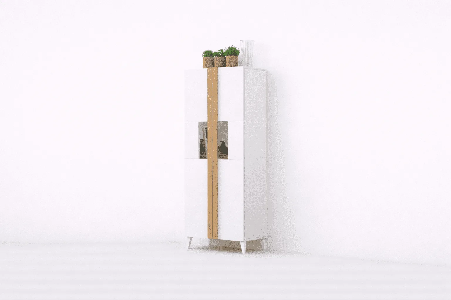 Bodeguero Lisboa blanco con franja vertical de madera y hueco expositor