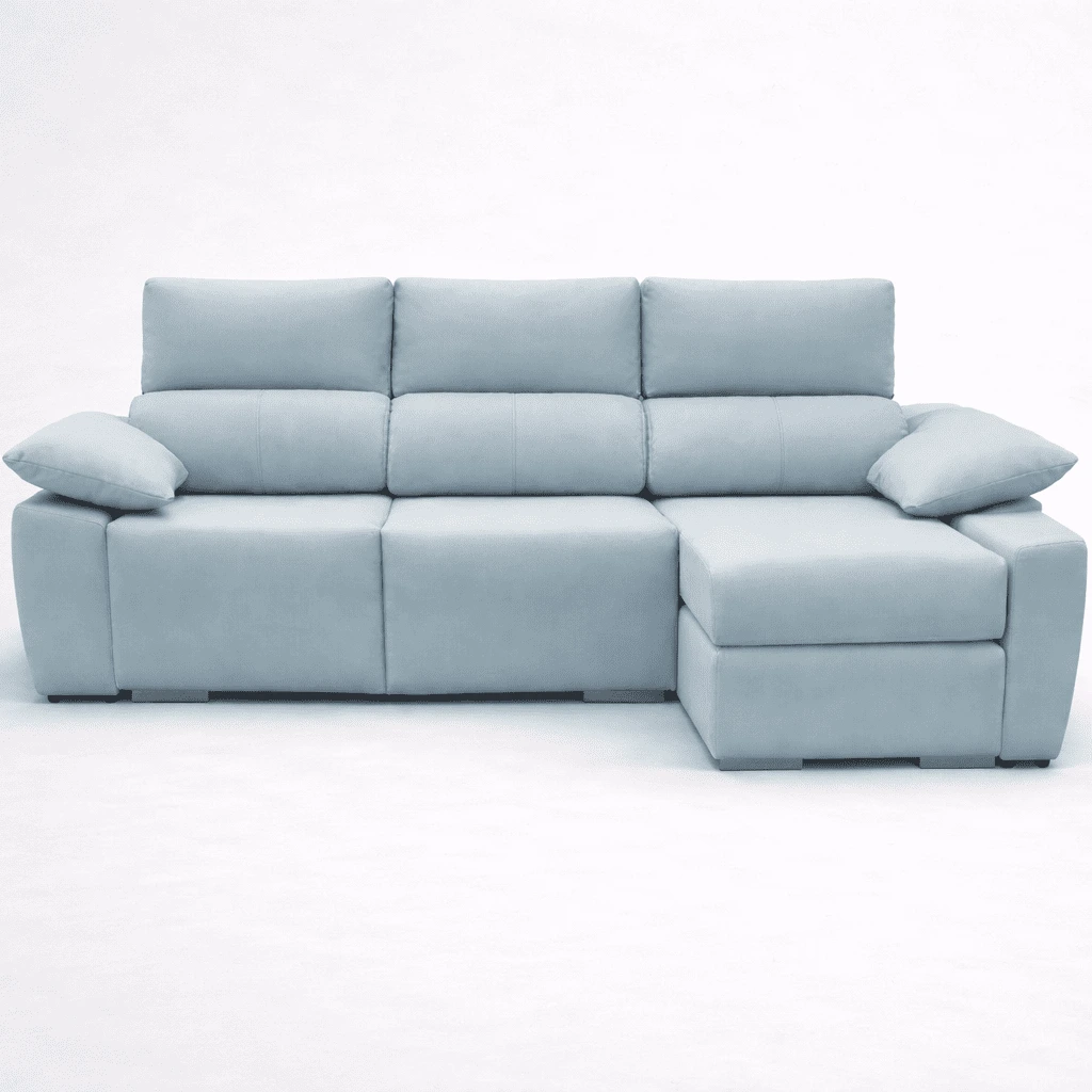 Chaiselongue Siesta tapizado en azul claro con cojines y reposabrazos acolchados