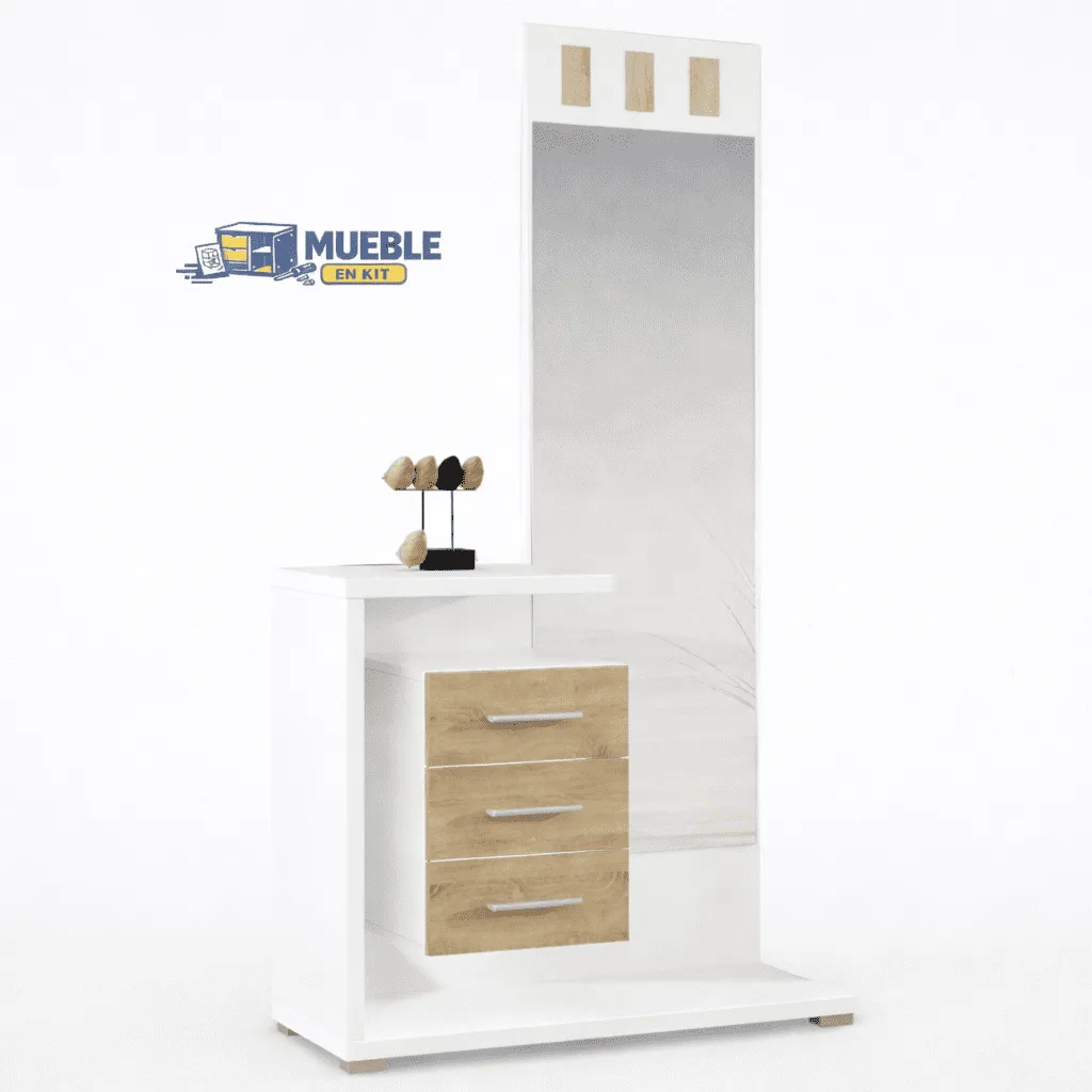 Entradita Prisma blanco-cambrian con espejo vertical, perchero y cajonera de tres cajones en madera