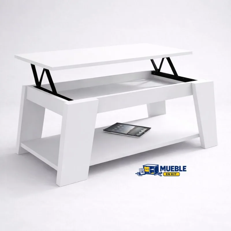 Mesa de centro elevable blanco con el tablero elevado y balda inferior