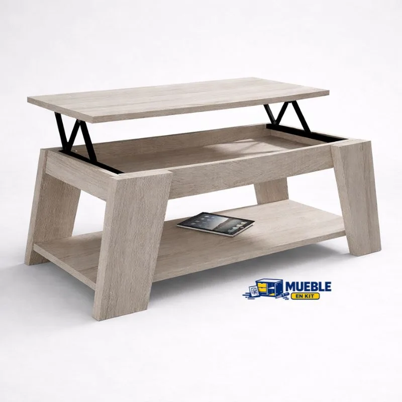 Mesa de centro elevable cambrian con el tablero elevado y balda inferior