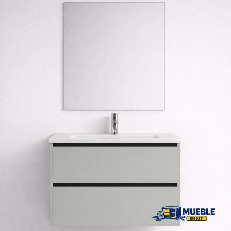 Mueble de baño Family suspendido gris claro con dos cajones, lavabo blanco y espejo