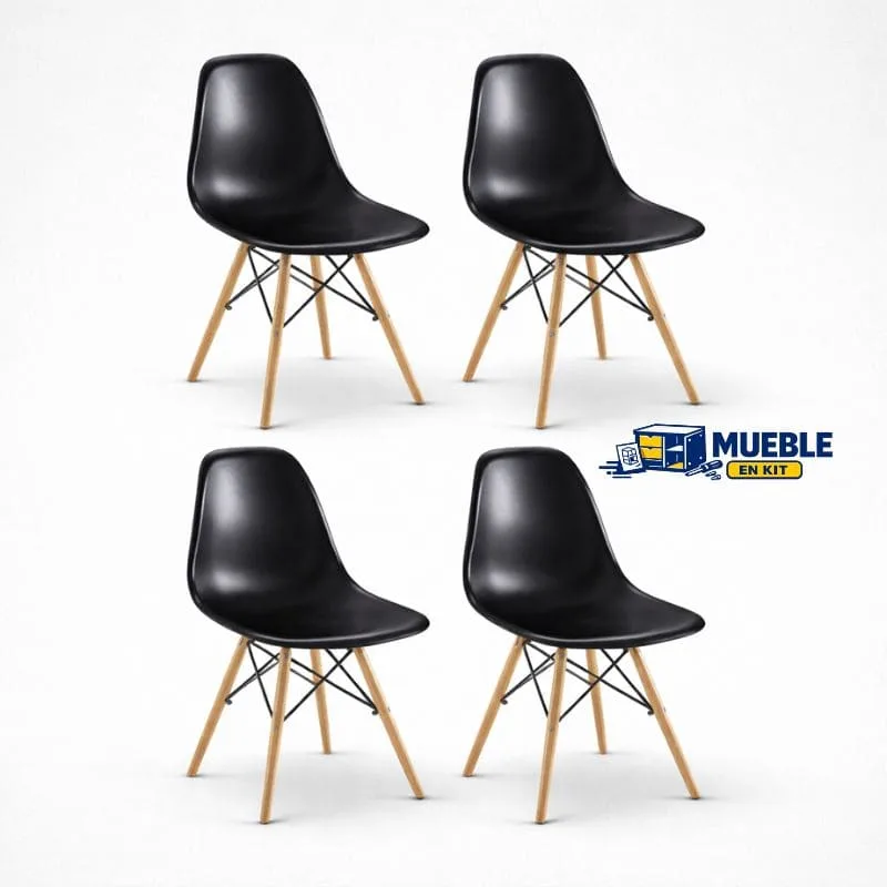 Pack 4 sillas Dinamarca negro con asiento negro y patas de madera natural