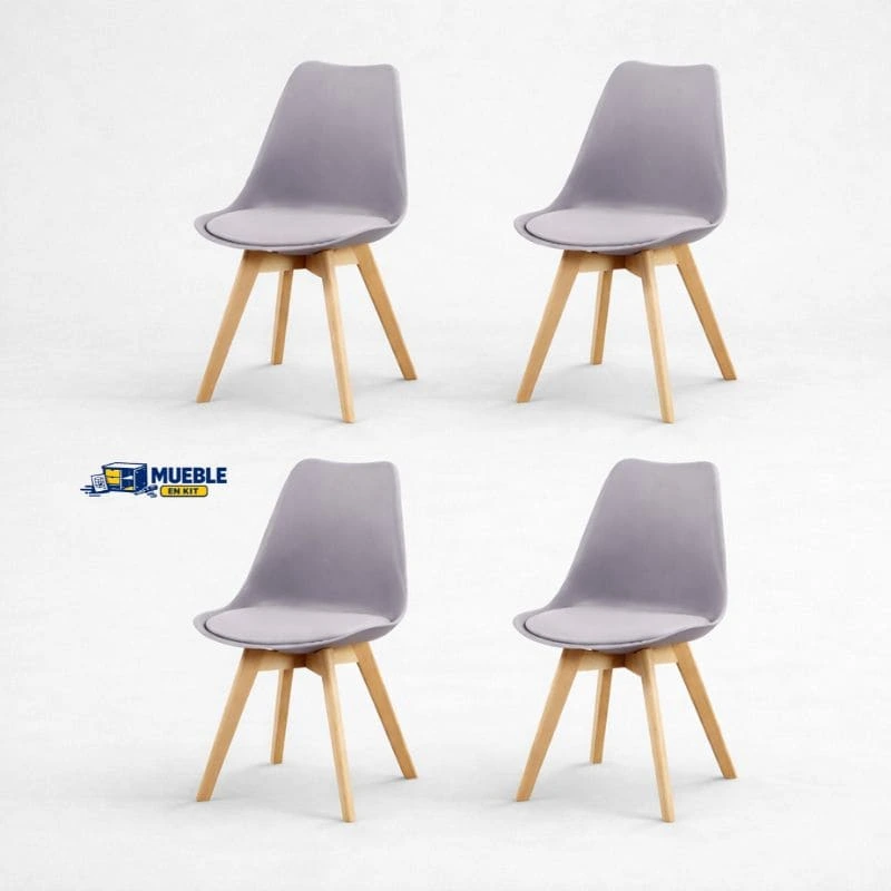 Pack 4 sillas fina gris con cojín y patas de madera natural