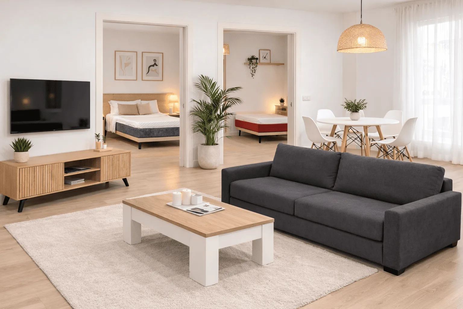 Amuebla tu Airbnb: salón con sofá gris, comedor y dos dormitorios amueblados