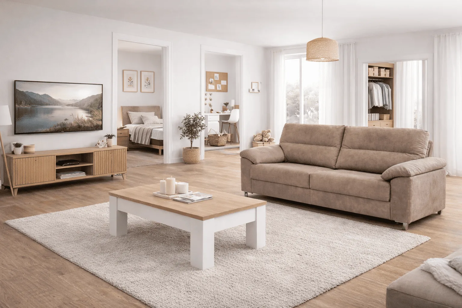 Amuebla piso completo 3 hab: salón con sofá beige, mueble TV y dormitorios al fondo