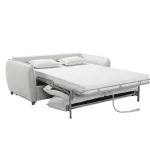 Sofá cama italiano Hannover beige abierto con la estructura metálica y el colchón a la vista