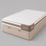 Pack Be Bio 40k + canapé Venus: colchón blanco con banda marrón sobre canapé beige cerrado