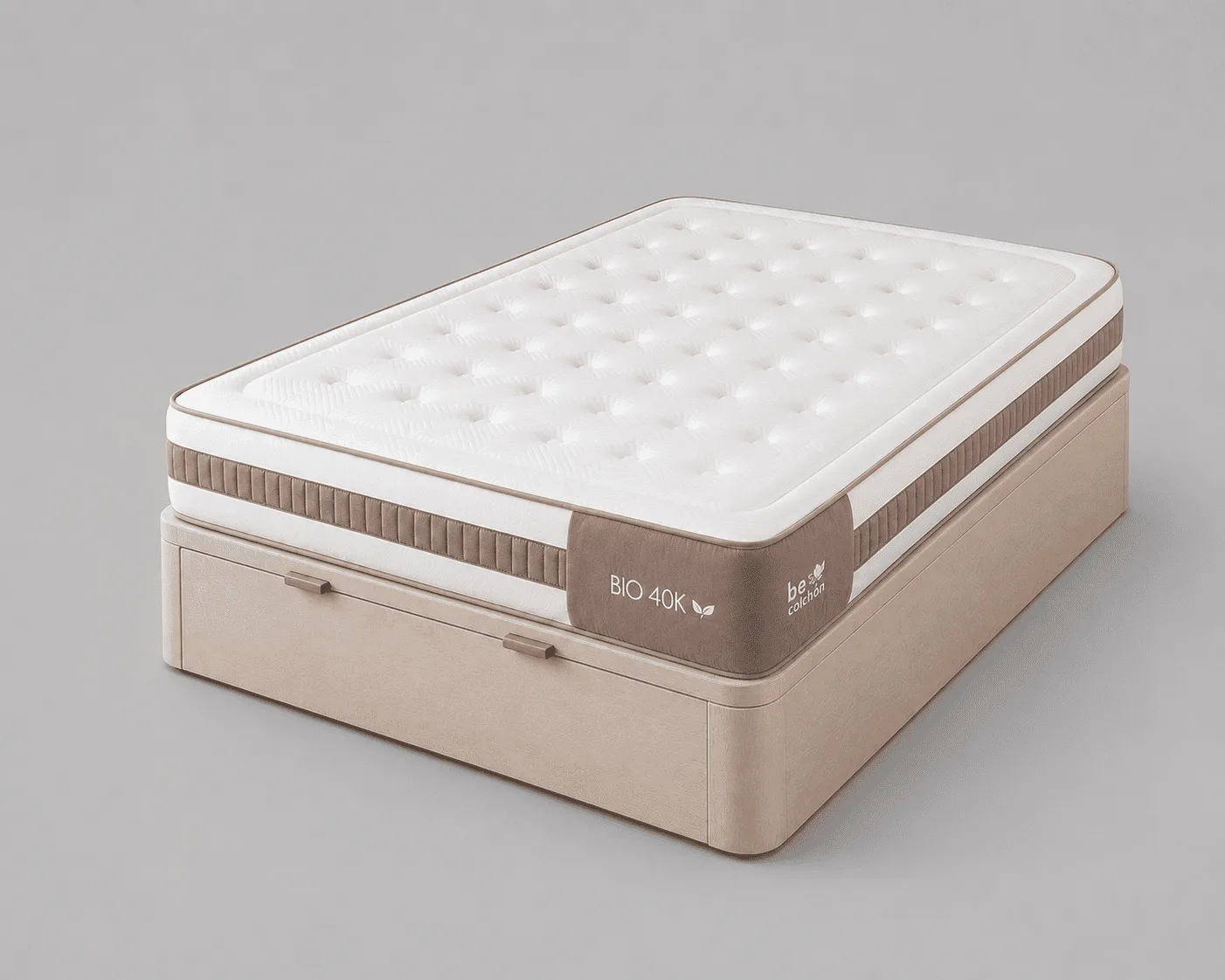 Pack Be Bio 40k + canapé Venus: colchón blanco con banda marrón sobre canapé beige cerrado