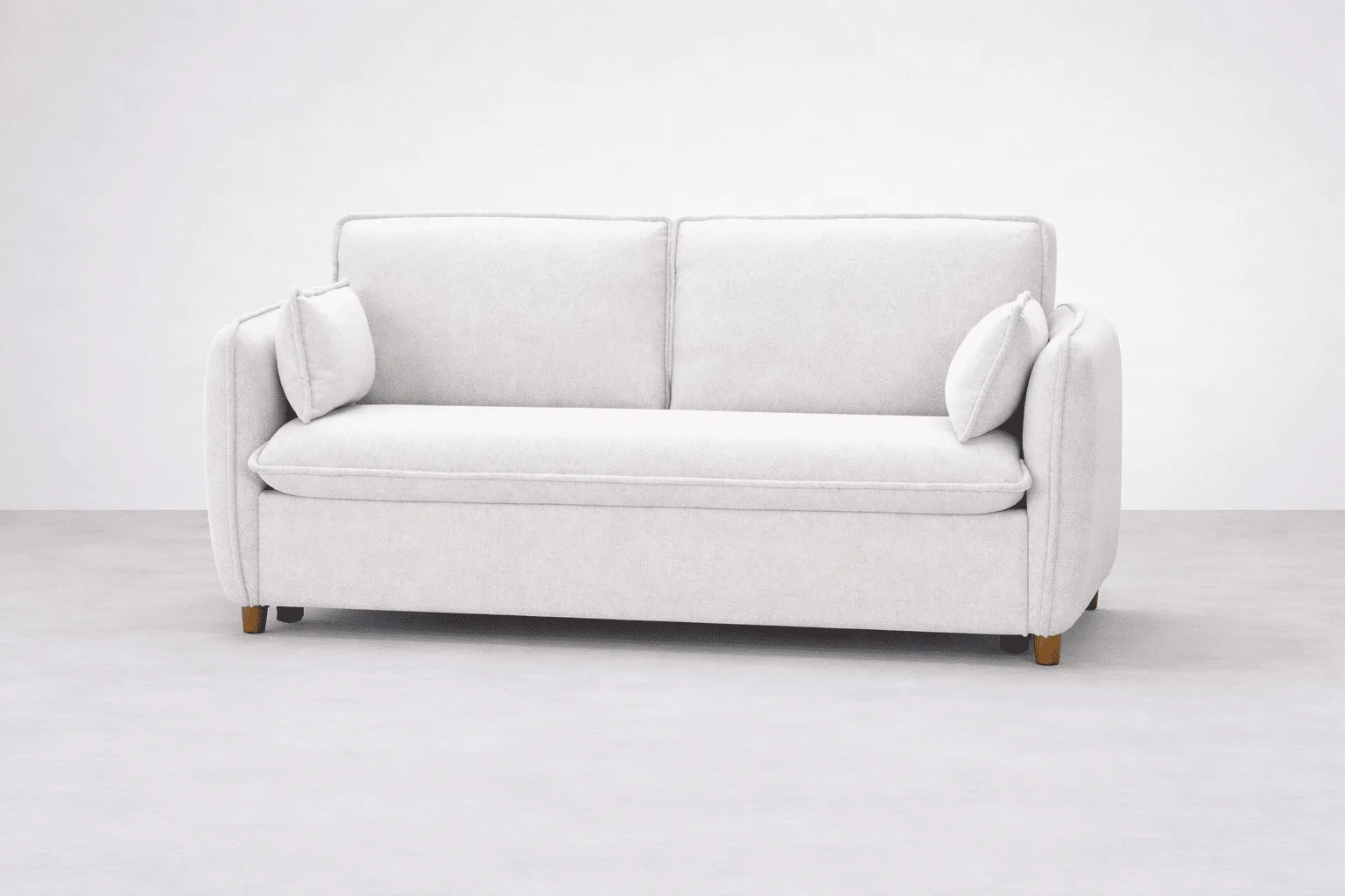 Sofá cama italiano Hannover beige de líneas redondeadas con cojines y patas de madera
