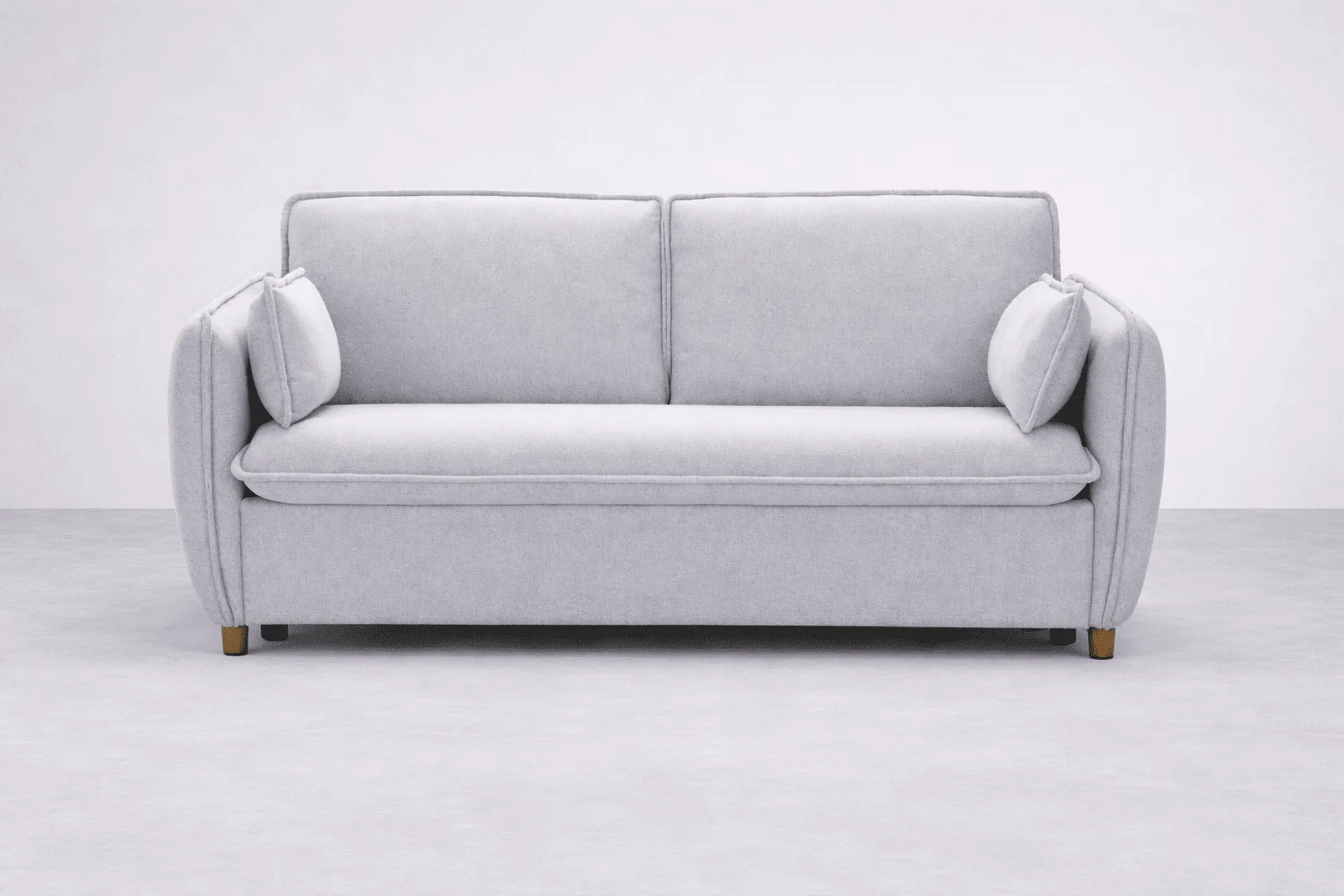 Sofá cama italiano Hannover gris de líneas redondeadas con cojines y patas de madera