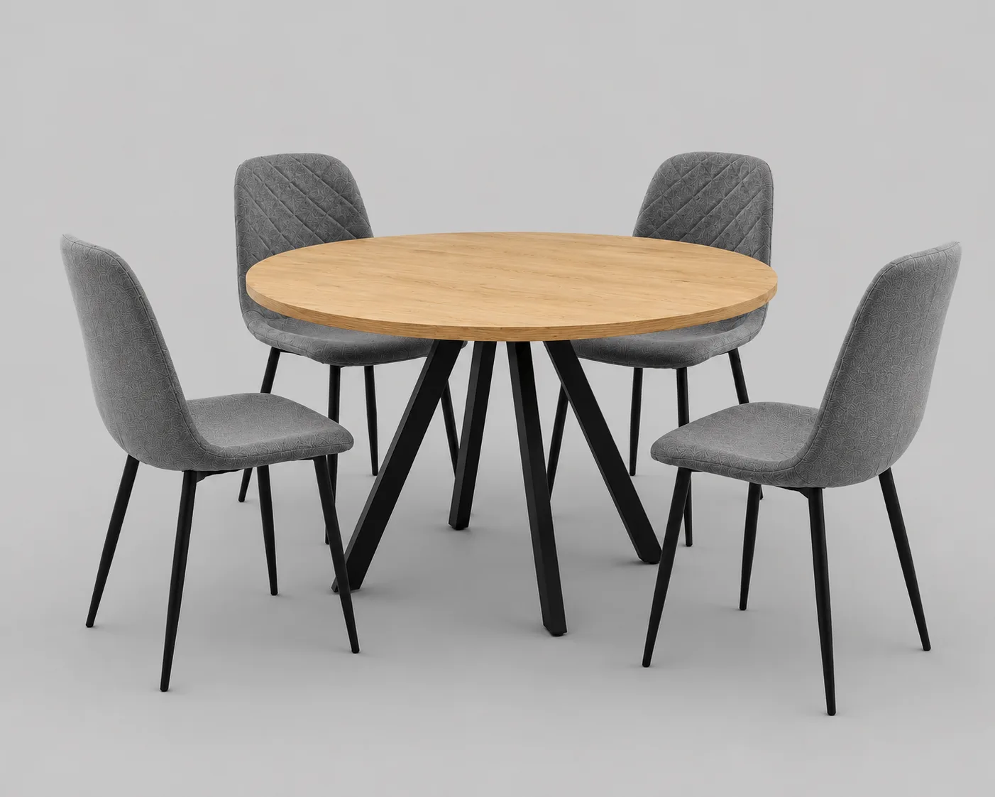 Mesa de comedor fija Géminis roble y patas negras, redonda, con cuatro sillas grises