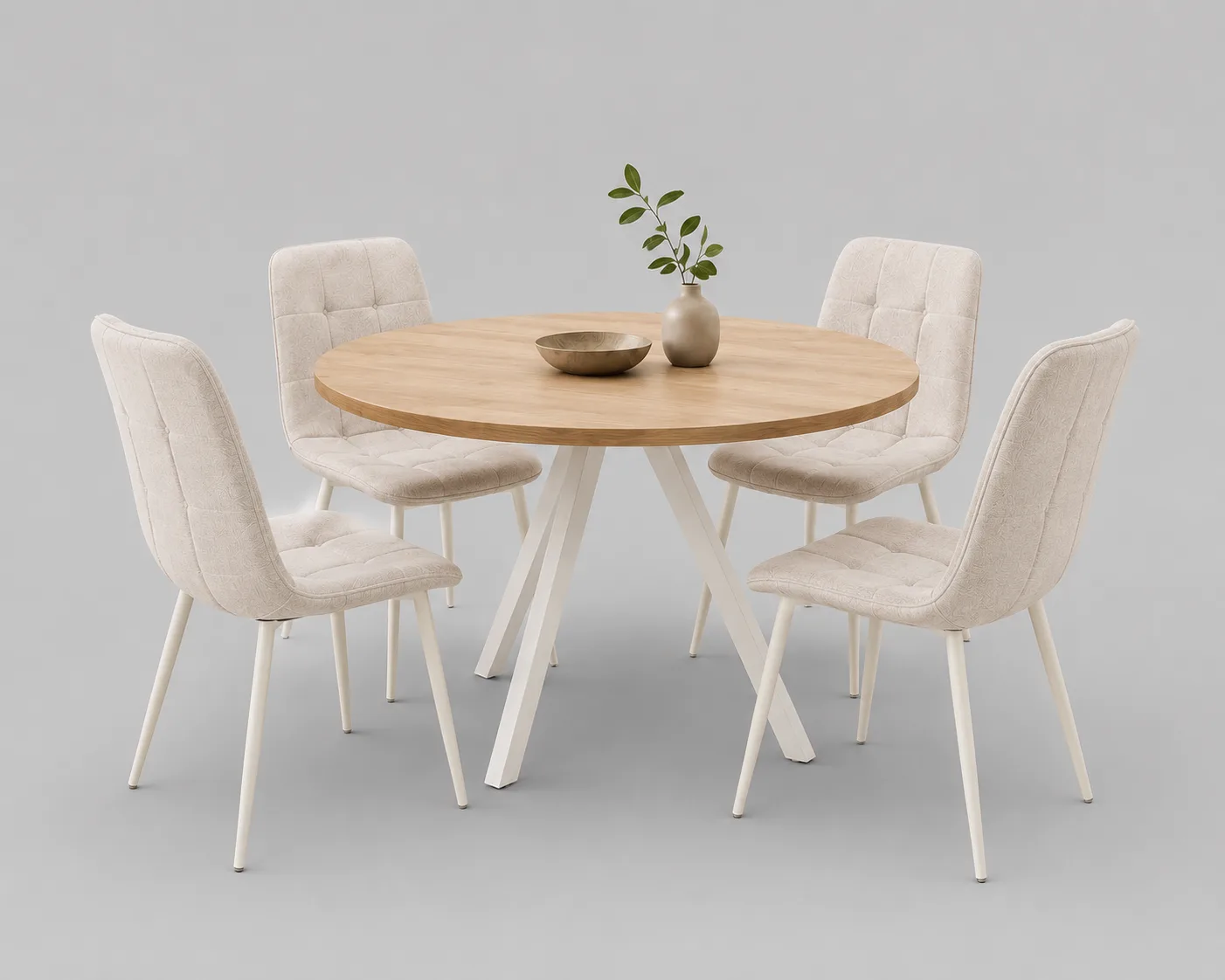 Mesa de comedor fija Géminis roble y patas blancas, redonda, con cuatro sillas blancas