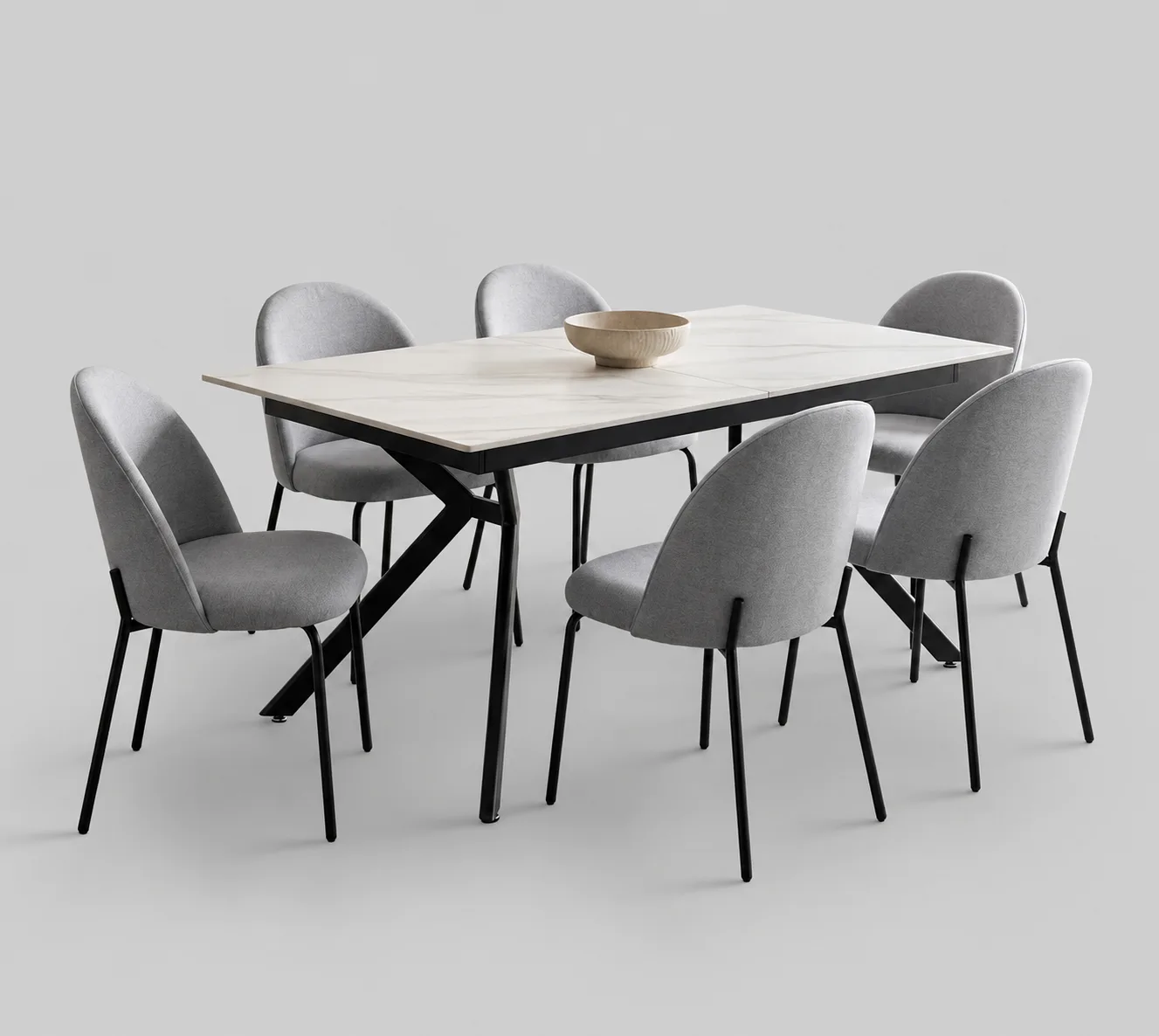 Mesa de comedor extensible porcelánico Mármol blanco con patas negras en aspa y seis sillas grises