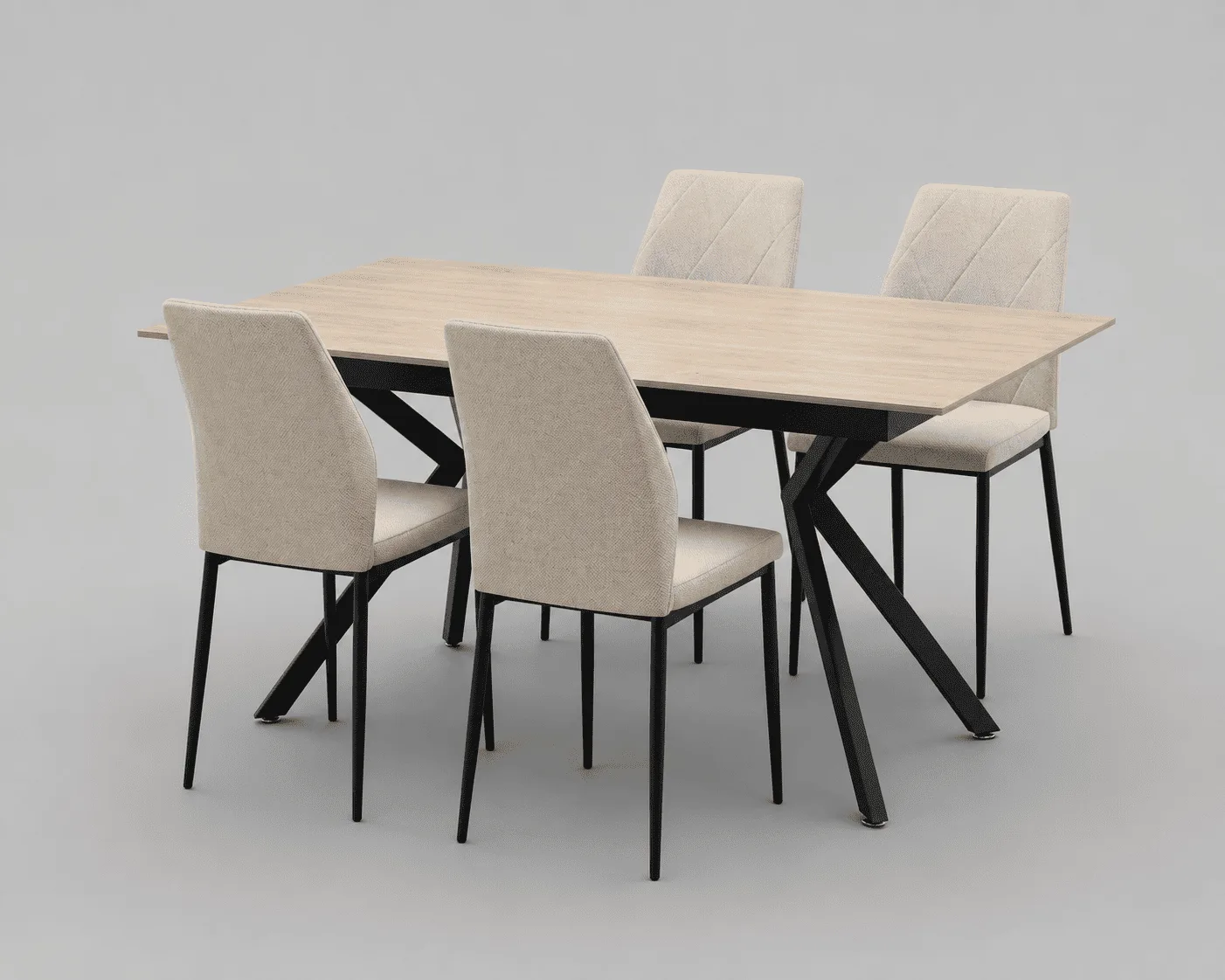 Mesa de comedor extensible porcelánico roble con patas negras en aspa y cuatro sillas beige