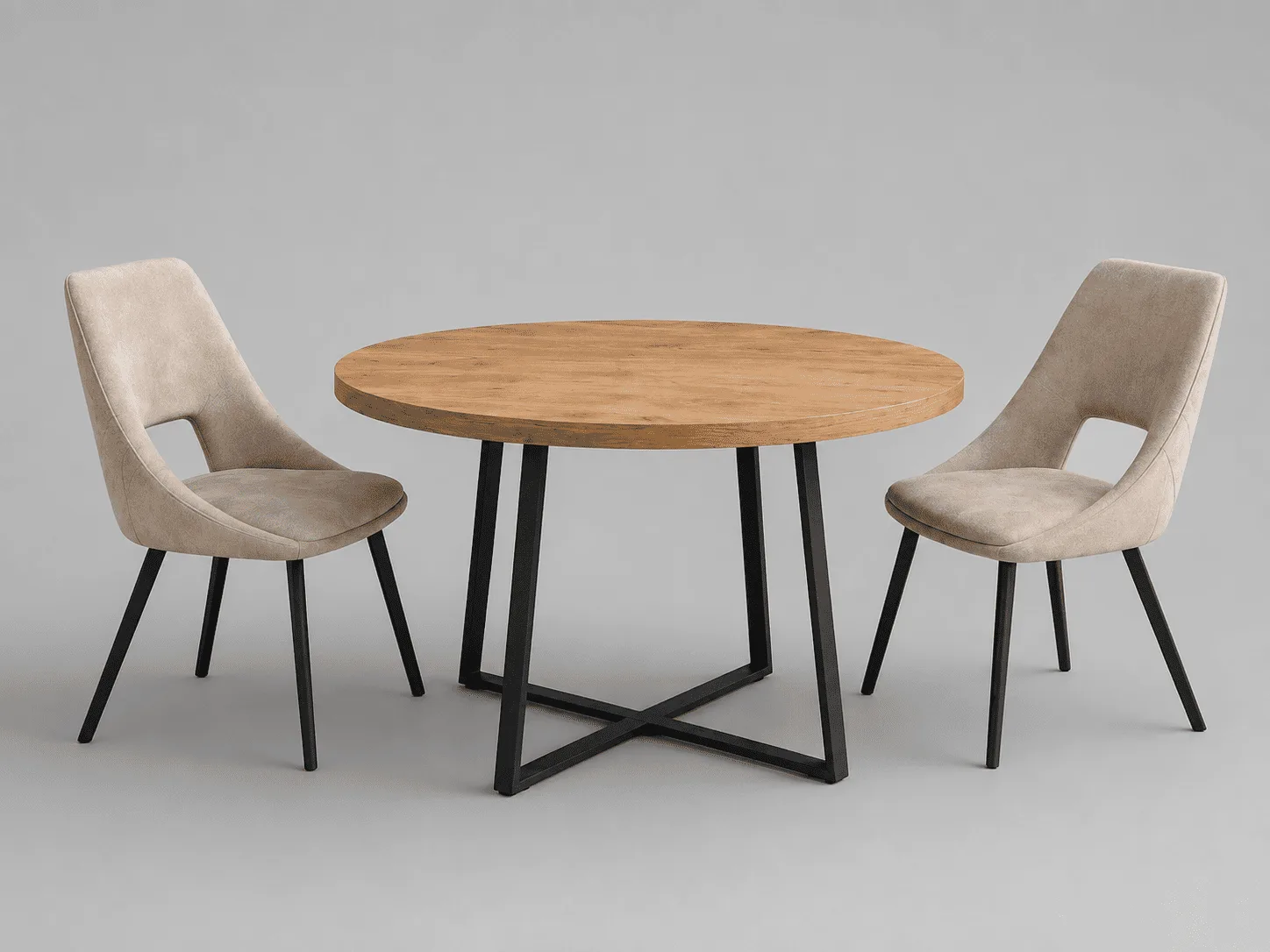 Mesa de comedor extensible Natura redonda de madera con base metálica negra y dos sillas beige